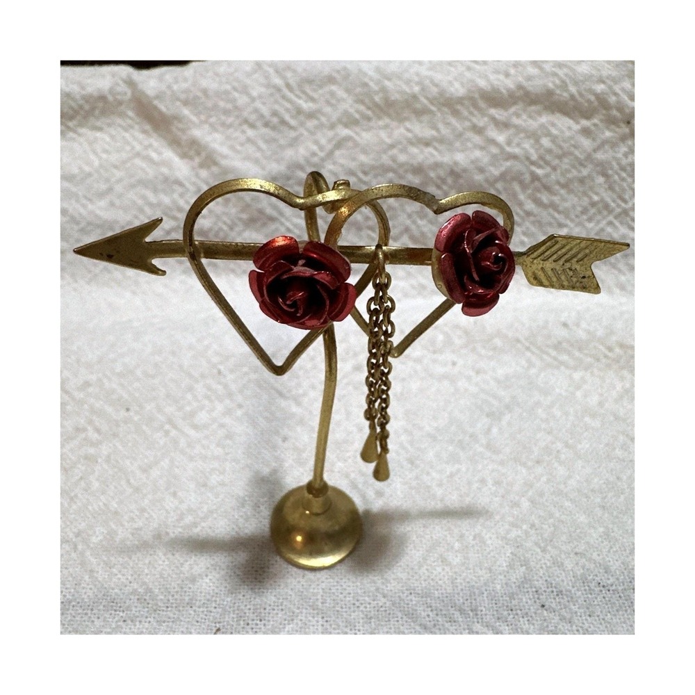 Vintage Gold Tone Double Heart Arrow Brooch Red‎ Roses Dangling Chain Pin 2.5"